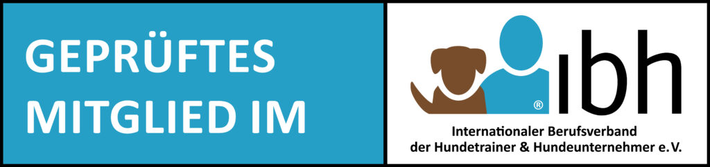Logo mit zwei Bereichen: Links auf blauem Hintergrund steht in weißer Schrift „GEPRÜFTES MITGLIED IM“. Rechts das Logo des IBH – ein stilisierter Mensch mit Hundekopf sowie der Text „Internationaler Berufsverband der Hundetrainer & Hundeunternehmer e. V.“.