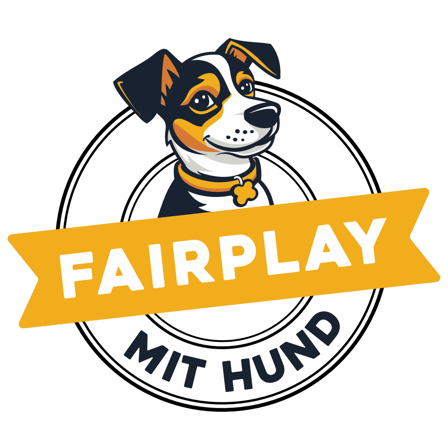 Rundes Logo mit der Illustration eines freundlichen Hundes in der Mitte. Der Hund trägt ein Halsband mit Markenanhänger. Über dem unteren Teil des Kreises steht „MIT HUND“, quer darüber liegt ein gelbes Banner mit dem weißen Schriftzug „FAIRPLAY“.