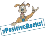 Comic-Zeichnung eines fröhlichen Hundes, der ein Halsband trägt und mit einer Pfote das Handzeichen für „Rock on“ zeigt. In der anderen hält er ein Schild mit dem Schriftzug „#PositiveRocks!“ in blauer Schrift.